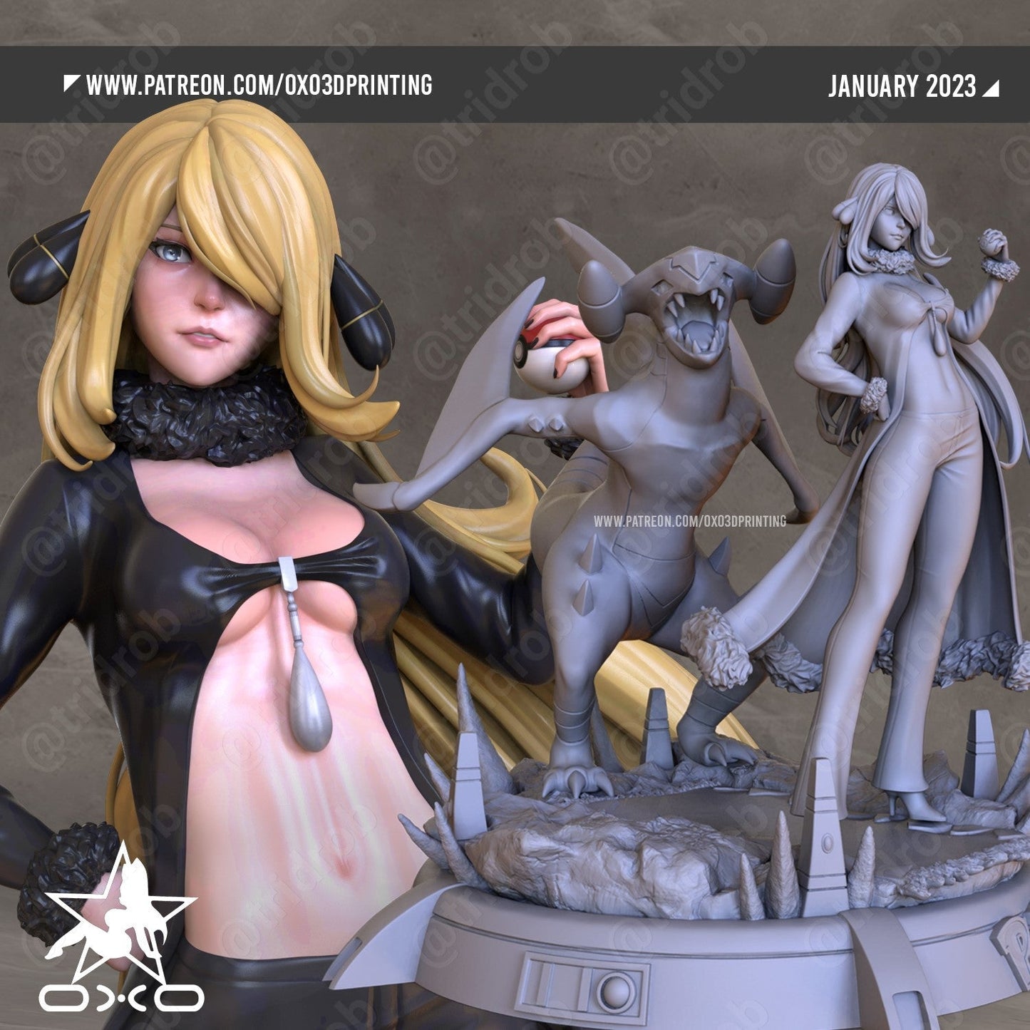 Cynthia and Garchom - OXO3D - Dark Forge Arts